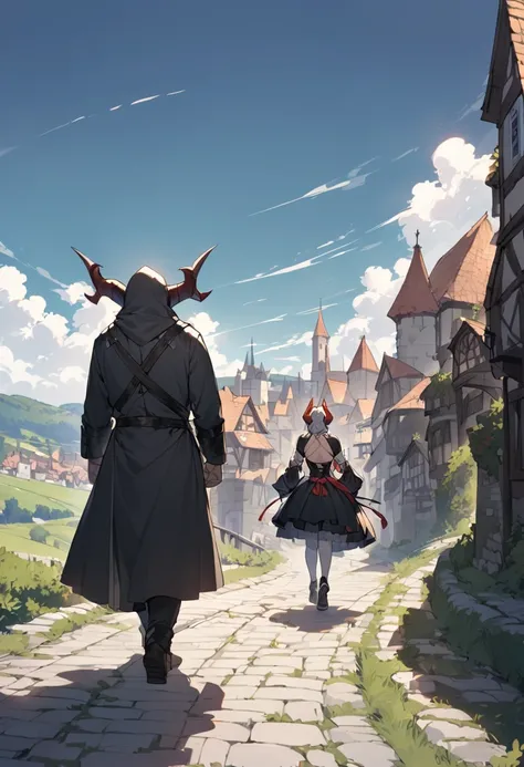 A strongest woman with horns on the side of her head wearing medieval wrestlers clothes and a man fully dressed in black clothes with a hood that hides his face and a bow on his back, walking along an ancient road with a medieval town in the background.