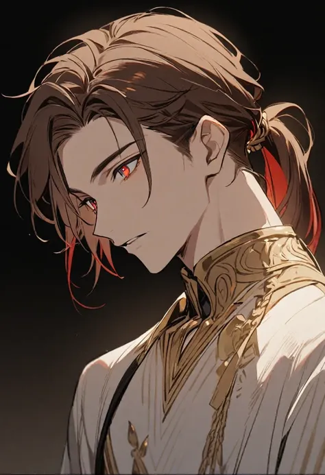 1boy, brown hair with red streaks on his bangs and the top of his head and the bottom of his hair, his hair reached his waist and he wore it in a ponytail at the nape of his neck. His eyes were golden.