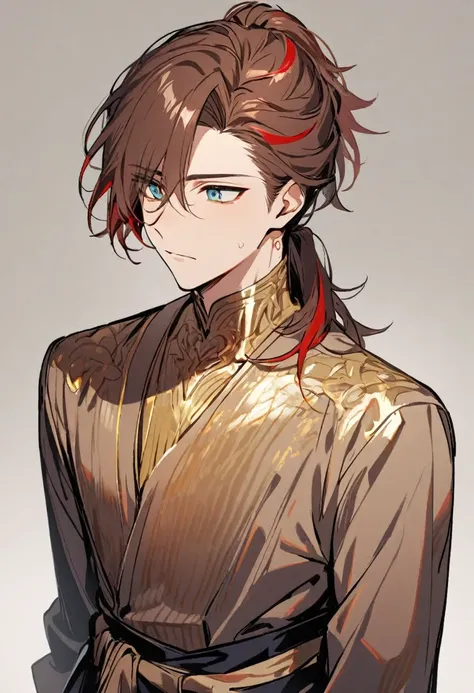 1boy, brown hair with red streaks on his bangs and the top of his head and the bottom of his hair, his hair reached his waist and he wore it in a ponytail at the nape of his neck. His eyes were golden.