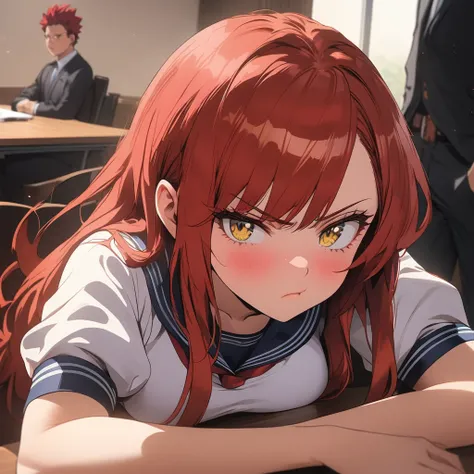 1female, schoolgirl, (pouting), ((angry expression)), ((long red hair:1.4)), yellow eyes, long eyelashes, large breasts, white puff sleeve shirt, (in a meeting room), (half-body image:1.3), masterpiece, ultra HD, anime style, (my hero academia art style)