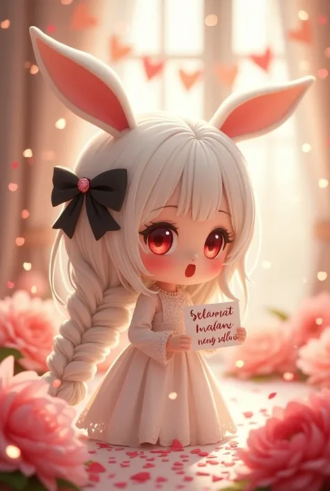 Cute anime-style chibi girl(red eyes,white rabbit ears, wearing pretty white dress embroidered with shiny white silk, luxuriously braided long white hair, big black hair bow) is holding out to viewer a cute love letter written “SELAMAT MALAM NENG SALNI” by...