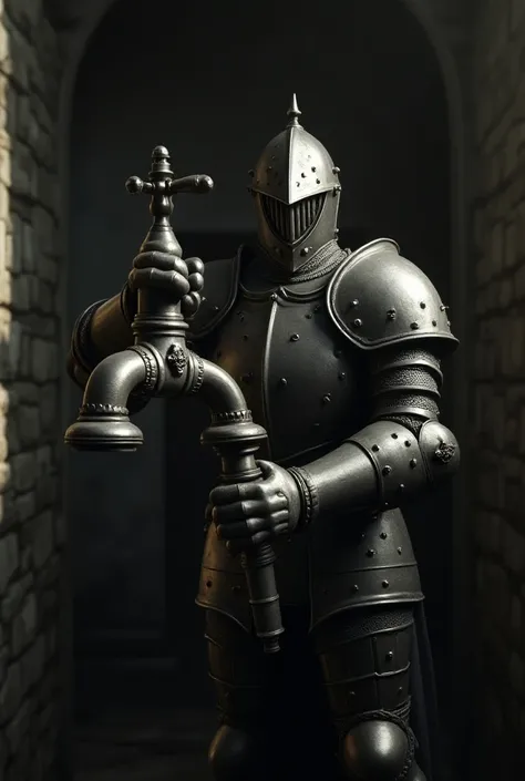 Armored faucet , mounted by a medieval knight in armor