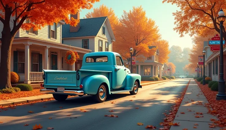 Maximum quality masterpiece, 4k resolution, (best quality,4k,8k,highres,masterpiece:1.2), ultra-detailed, (realistic,photorealistic,photo-realistic:1.37), HDR, A picturesque autumn scene in a small New England town, envisioned in retro-futuristic 1950s sty...