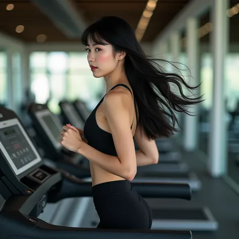 korean girl, pele branca skin glow, 22 years old, cute and beautiful, long black hair and bangs , big black eyes,  small plump lips ,  shes wearing sexy black workout clothes,  and shes running on the gym treadmill  