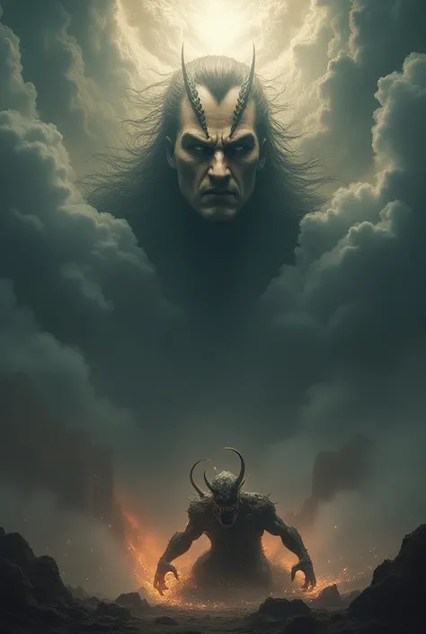  Create a cinematic image of God focusing more on the face, And lower down create a demon being crushed by him 