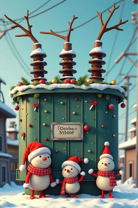 A power transformer decorated with Christmas ,  at the foot of the transformer are electrical meters with Christmas hats and scarf pretending to be a family and their ren
