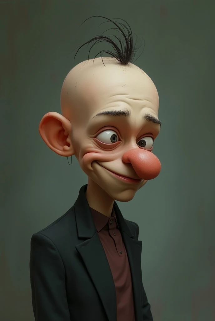  Make a bald guy ,  with hair only on the tip of the head, very sad, And masochist . In Disney style