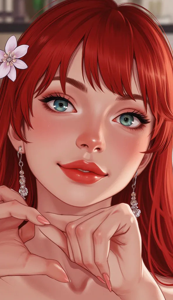  a young korean girl.
Sexy idol style dress .
 Long red hair with bangs covering the eyes slightly.
Lolita style shoes .
 Crystal blue eyes with cat irises .
plump lips, voluminous red .
Hes standing looking at the camera looking at the camera looking at h...