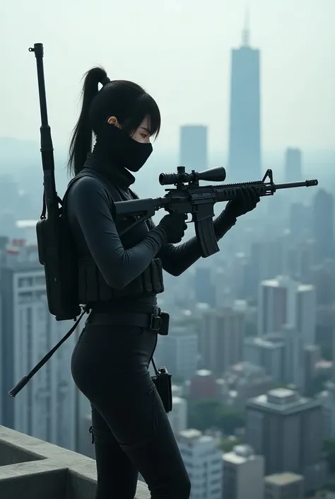 Female masked Japanese sniper killer without a beam stands on the roof of a high-rise