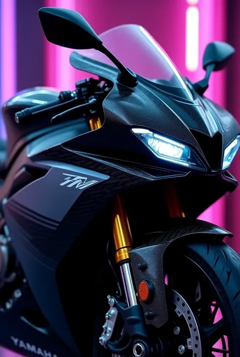 

---

"Place a highly detailed, modern sport motorcycle beside the character, resembling a Yamaha R1 with an aggressive, streamlined design. The motorcycle’s body is primarily black, with elements of carbon fiber showing intricate, woven patterns across t...