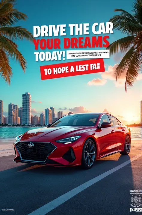 

" Create a striking and professional advertising image for a funded car business in Miami .  The image must include a modern and attractive car in the center ,  with a background that represents the city of Miami  ( for example ,  the skyline or beach )....