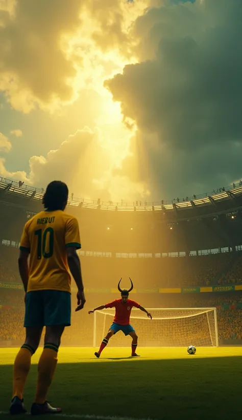 " A cinematic scene in a huge and vibrant soccer stadium ,  captured from an open and dramatic angle . A câmera está posicionada atrás de jesus,  looking over her left shoulder ,  with the line of sight directed at the penalty ball and the goalkeeper Diabo...