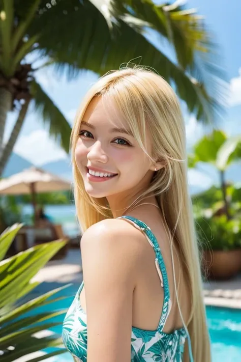 A beautiful tropical resort、smile, Blonde, Long Hair, 