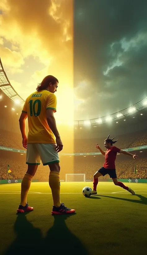 " A cinematic scene in a huge and vibrant soccer stadium ,  captured from an open and dramatic angle . A câmera está posicionada atrás de jesus,  looking over her left shoulder ,  with the line of sight directed at the penalty ball and the goalkeeper Diabo...