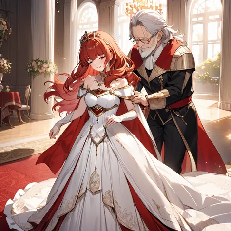  The woman who is the queen of the kingdom is a beautiful red-haired celica, wears a kingdom bridal dress, pledges absolute loyalty and love to the great kings old man, and they have a wedding and love each other、((Best Quality)), ((masterpiece)), ( Detail...