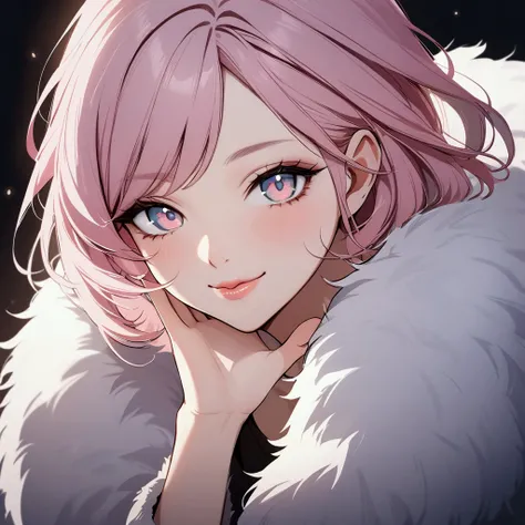 high quality, detailed, beautiful light pink hair, beautiful light eyes,female, beautiful LIps,fur jacket,simple blackground,smile,