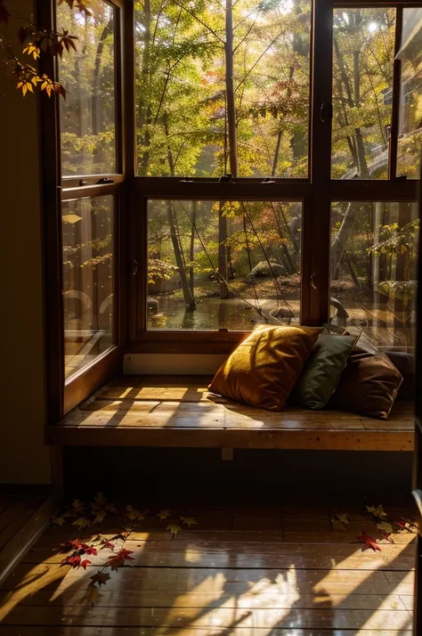  There is a cozy wooden house ,  surrounded by autumn trees with bright red and gold leaves. Warm light is on in the window ,  on the edge of the forest and next to the house is a small duck pond 