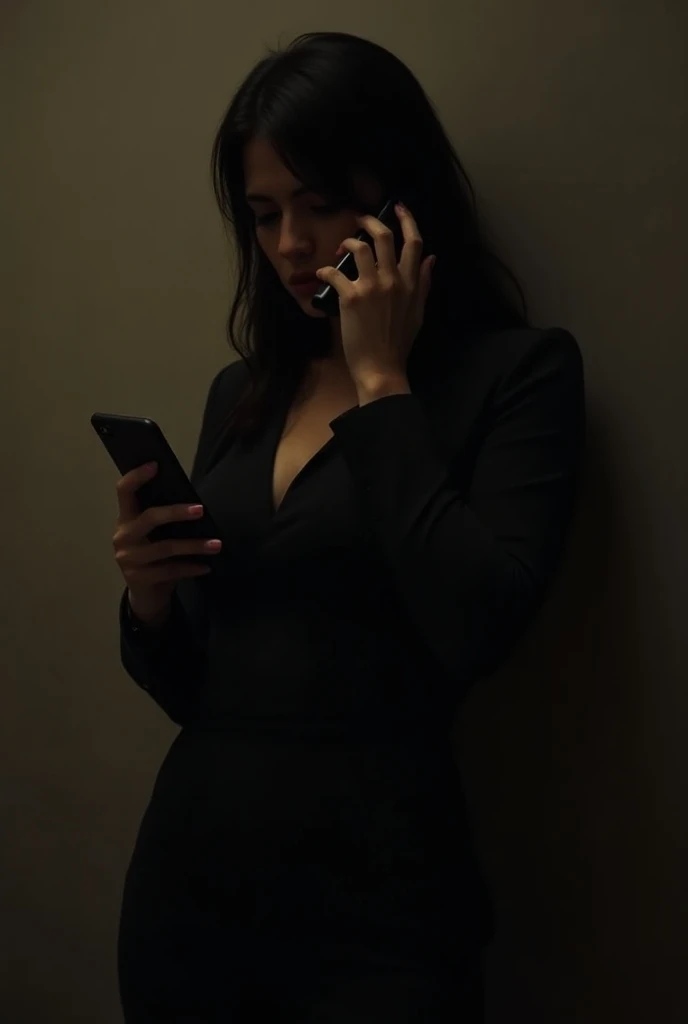  A Latin girl dressed in black who looks very humble who looks like a prostitute making a call with an iPhone because its for a charge for a song. That you dont see so much of the movie . Let his face not be seen 