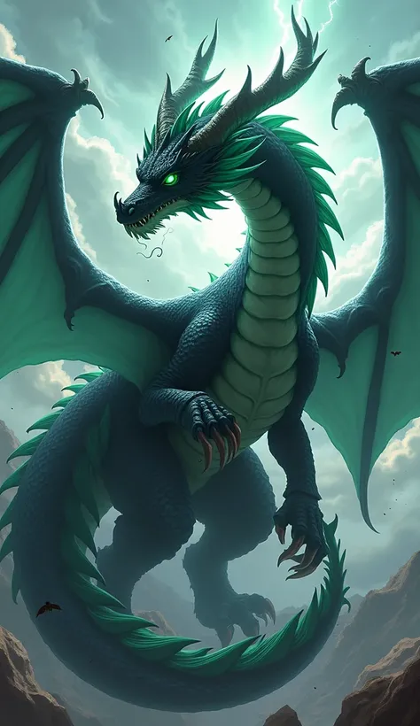 Create an epic scene of an anime dragon with shades of green and the predominant color being black