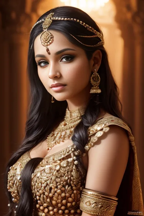 a beautiful hindu princess, with long silky black hair, almond-shaped brown eyes, full lips, round face, adorned with hoop earri...