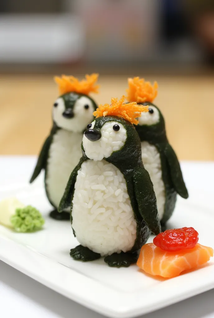 This is a photograph of a Japanese-style sushi dish that has been crafted into the shape of a penguin. The sushi is arranged on a white rectangular plate with a clean, minimalist background. There are three penguins depicted, each with a distinct topping. The penguins are made from a combination of white rice and dark green seaweed, resembling the penguin's body. The head of each penguin is formed from white rice, with a small, simple dot for the eye and a line for the beak. The top of the head is adorned with a piece of orange seaweed that has been shaped into a curly, feathery appearance, resembling a crest. The body of each penguin has a piece of dark green seaweed wrapped around it, mimicking the penguin's feathers. On top of the penguins are various toppings, each adding a different element to the character: one has a slice of red pickled ginger, one has a piece of orange salmon roe, and the third has a slice of red pickled ginger. The overall presentation is clean and artistic, with the sushi arranged in a way that emphasizes the cute and playful nature of the dish.