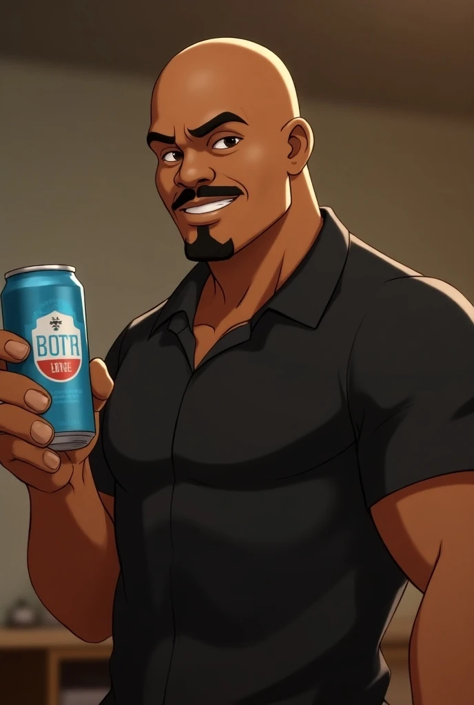 An animation of a bald black man with a full-body beer in his hand, Short black shirt with mustache and goatee