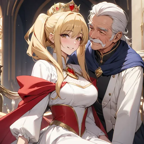  The woman who is the queen of the kingdom is a beautiful blonde Fate Testarossa, wears a gorgeous and charming dress from the kingdom, pledges absolute loyalty and love to the great kings elderly man, and supports and loves each other in public and privat...