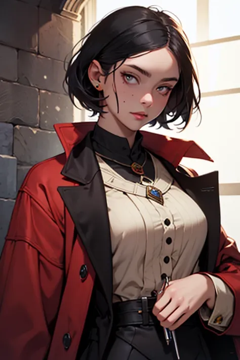 dungeons and dragons, young woman, inventor,, revolver, high, Middle Ages, Human,  Short hair, IN THE COAT, aristocrat without background, monocol,  black hair , moles,  colored eyes