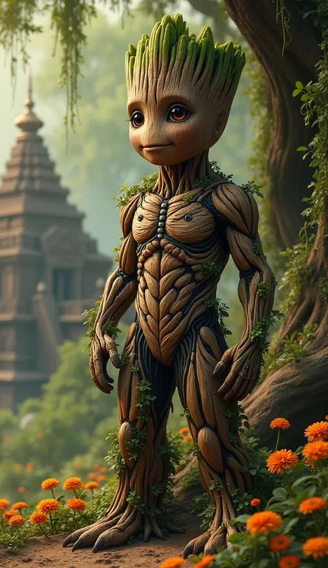 

“A Groot character infused with Indian cultural and botanical elements. His bark is rich and dark with henna-like designs etched across his arms and chest, resembling traditional mehndi patterns. Bright marigold and lotus flowers grow along his branches,...