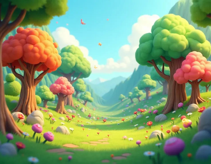 Create an image of nature with trees in 1920x1080p 3d cartoon