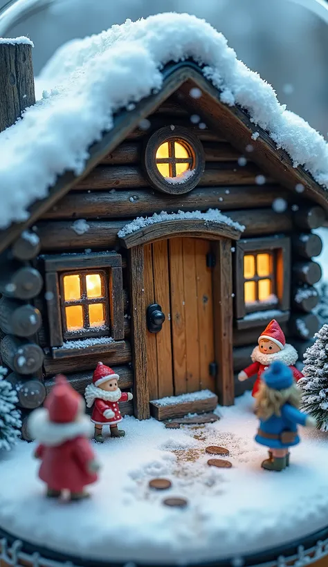 " A detailed approach to the cabin inside the snow globe : (1.3)  aged wooden door , CLOSED,  with a well-visible rounded iron knob  (1.5).  The dark-framed windows on each side There are fogged windows on the door that reflect a warm interior light (1.4)....