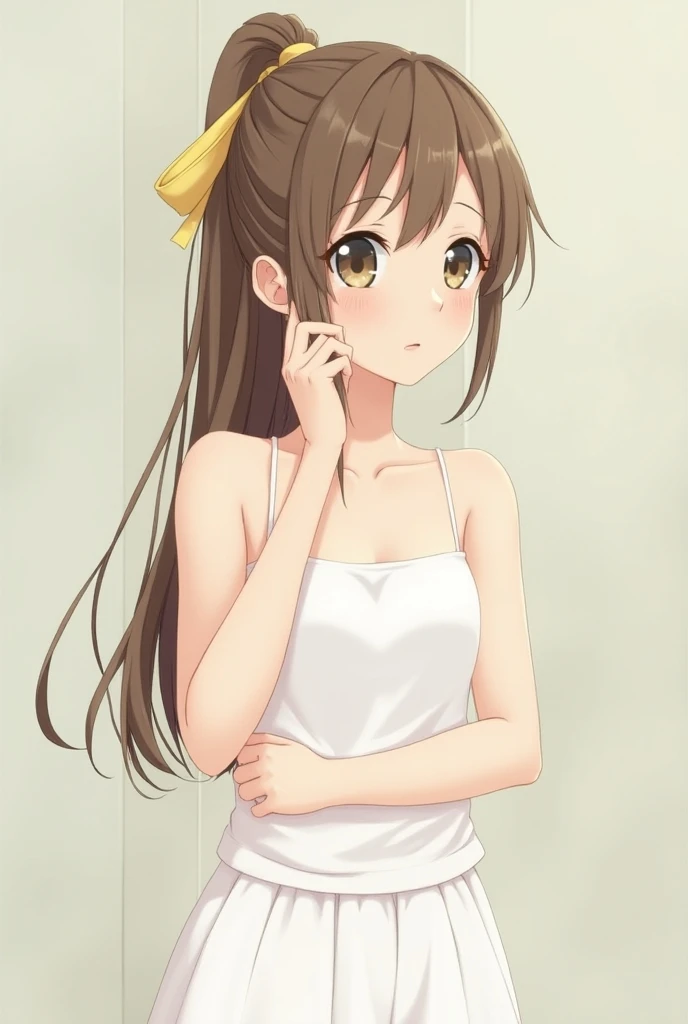 1girl, Tia, tied brown hair, yellow ribbon tying hair, sleeveless white shirt, white skirt, No bra,アニメ風, 