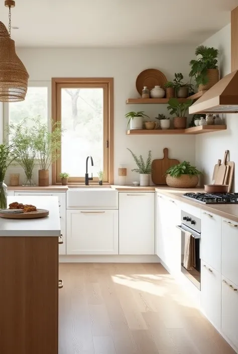 Create a chic Boho style kitchen with touches of wood, straw and white.,  Be as realistic as possible.