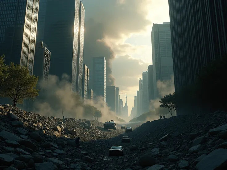 "A realistic, dramatic image of a modern cityscape during a massive earthquake. Skyscrapers are tilting, and the ground is splitting open with deep cracks, while cars and people are thrown about. Thick clouds of smoke and dust rise into the darkened sky. S...