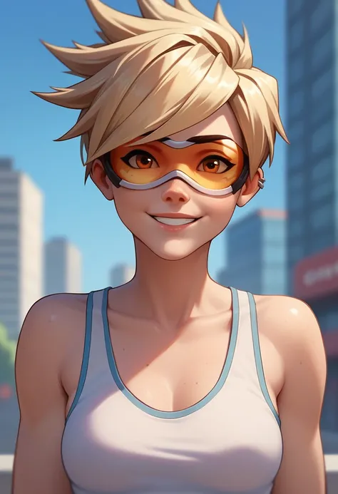 score_9,score_8_up,score_7_up,score_6_up ,source_overwatch score_9, score_8_up, score_7_up,  1girl, solo, tracer (overwatch), portrait, upper body, smile, looking at viewer, depth of field, outdoors,city, tank top,brown eyes,blonde hair, short hair, spiked...