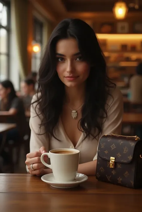 A Persian 26 yr old lady in a cafe drinking coffee. Make it realistic with a analog watch on her wrist with a purse of louis vuitton 