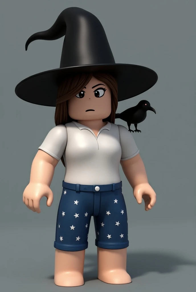 Create a Roblox character with a black horror hat and blue shorts with little stars . A white shirt, brown hair and black bird on the shoulders 