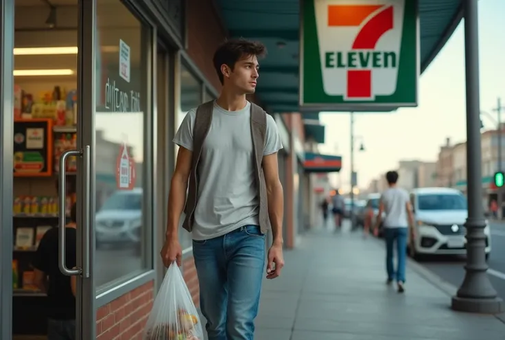 A highly realistic, high-resolution image of a young man walking out of a 7-Eleven store, carrying a shopping bag in one hand. The man is dressed casually, perhaps in jeans and a t-shirt, with the iconic 7-Eleven storefront and signage clearly visible behi...