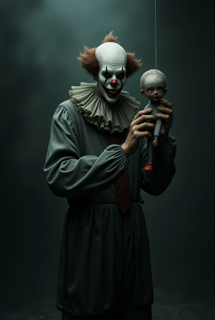 Shady clown holding a puppet 