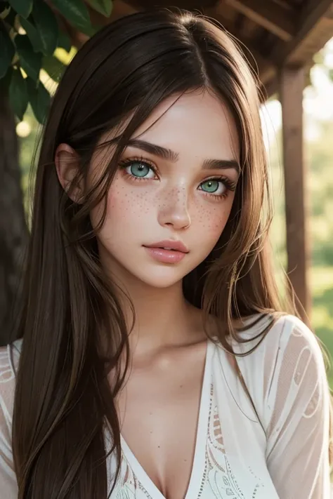  She had green eyes as if nature itself lived there .  Her long brown hair formed a perfect contrast with her light olive skin.  Her rosy mouth matched her straight and slender nose . Her lashes kissed cheekbones dotted with freckles. And the Blush ,  that...