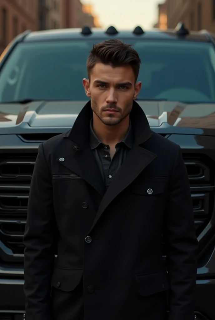 A handsome young drug dealer in the background of a black GMC Sierra van. 
