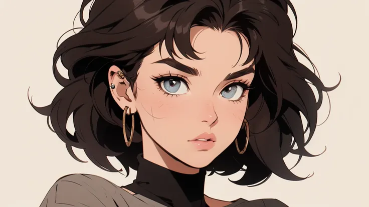 A manga-style illustration of a young woman with a unique, alternative look. She has short, layered, dark brown hair with a slightly messy and textured appearance, reaching her neck, and a choppy fringe covering part of her forehead. Her eyebrows are thick...