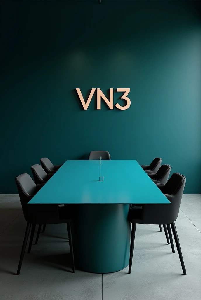  Create meeting room with shades of dark blue and green ,  with a rectangular meeting table with chairs stones and the base of the blue glass table, And on the main wall the company logo , VN3 Angel

Black pontoon chairs
VN3 logo on the wall

Tap or draw o...