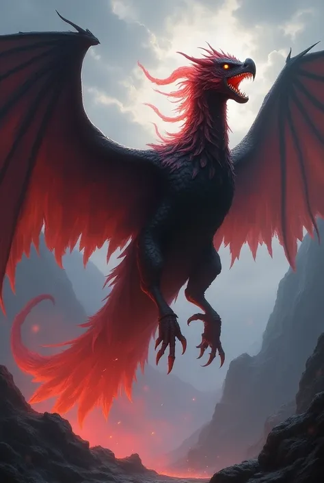 Create Magic the Gathering style: a gigantic black and red dragon vulture exuding an incandescent red aura on a cloudy mountain