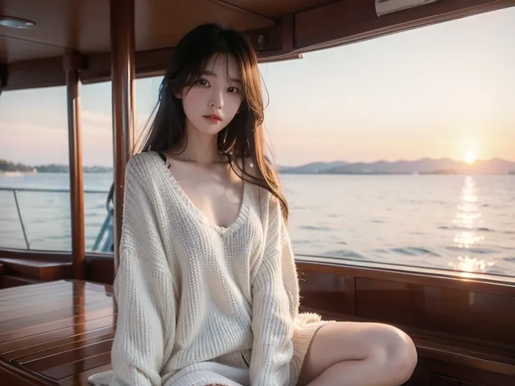 beautiful Japanese woman, sitting on the yacht deck, Hair blowing in the wind, Lost in Thought, super loose-fitting sweater, slender, small breasts, sunset, nsfw, Realism, UHD, masterpiece, accurate, anatomically correct, textured skin, super detail, high ...