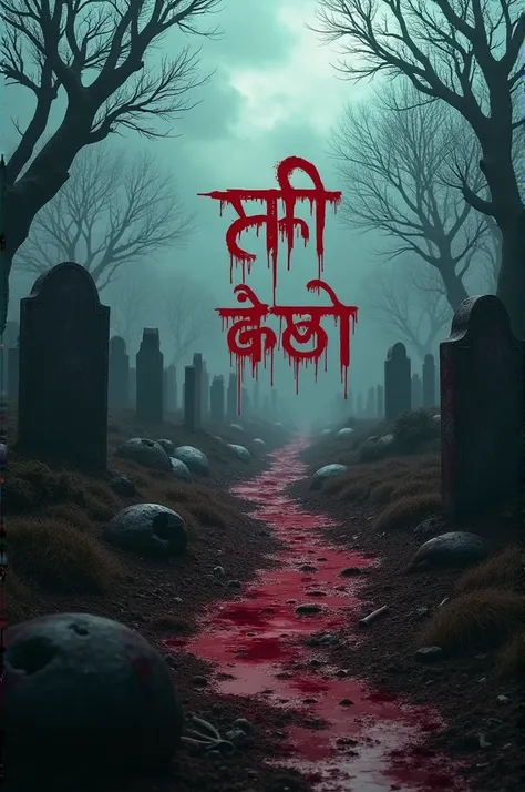 Give me a pic of a horror text डरावना कब्रिस्तान Writed with blood in hindi language 