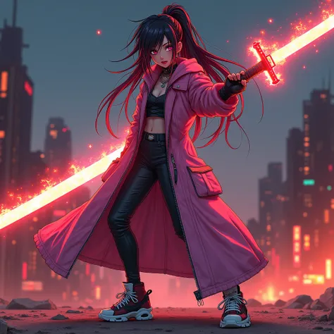 anime woman,           cabelo loiro far away      , fingerless gloves, Scar in the face ,  cyberpunk sneakers    , long pink jacket     ,    messy hair,  urban fashion , red stripes on hair, far away, long side fringe,    red waves , Cabelo multicolorido, ...