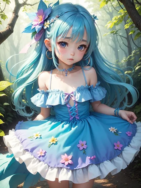 cute little fairy、Blue gradient hair、rainbow color feather fluffy dress ribbon hair accessories ,  Anatomically Accurate, ,  Hoop Earrings 、 Blushing , Leaf、forest、flower、flower冠