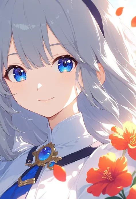 (Mastepiece)、(Best Quality)、Highly detailed face、Upper body shot、anime Girl、1 girl、Gray Hair、blue eyes、Long Hair、smile、Fantasy、Lots of flowers、Many petals、Backlit lens flare、Highly detailed background