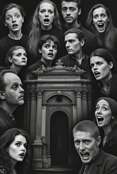 A collage of black-and-white vintage portraits of people with shocked expressions, superimposed over scenes of the tomb.